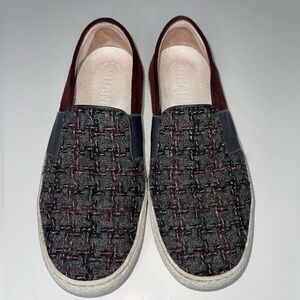 CHANEL CC Slip-On Sneakers Suede Plaid Tweed Size 37.5 / 7